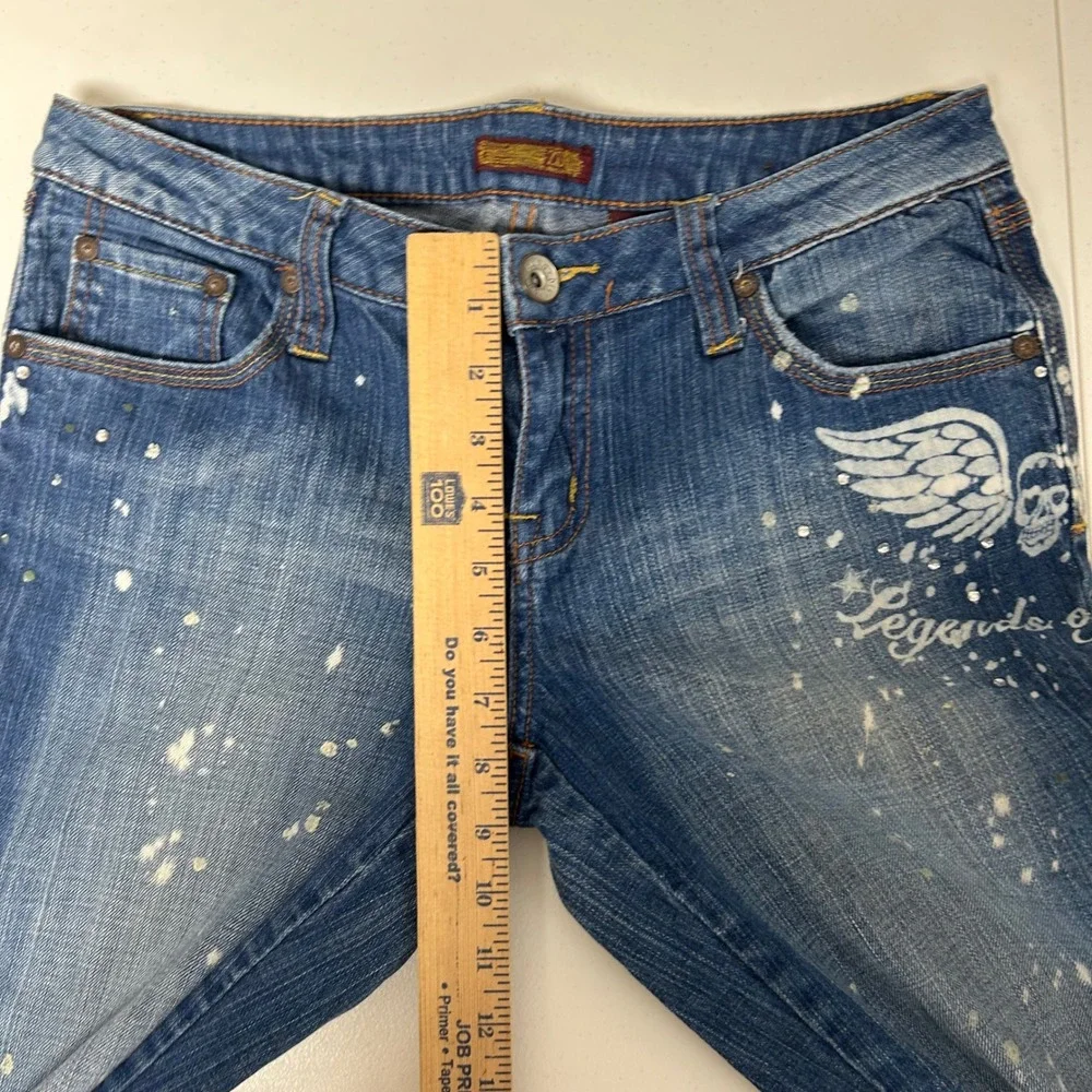 Zana Di Jeans Womens 11 Blue Y2K Skull Wing Rhinestone Paint Splatter Graphic